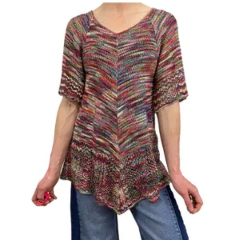 Boho size large Knit Tunic Top Women’s V-Neck Short Sleeve Relaxed Fit Artsy Chi